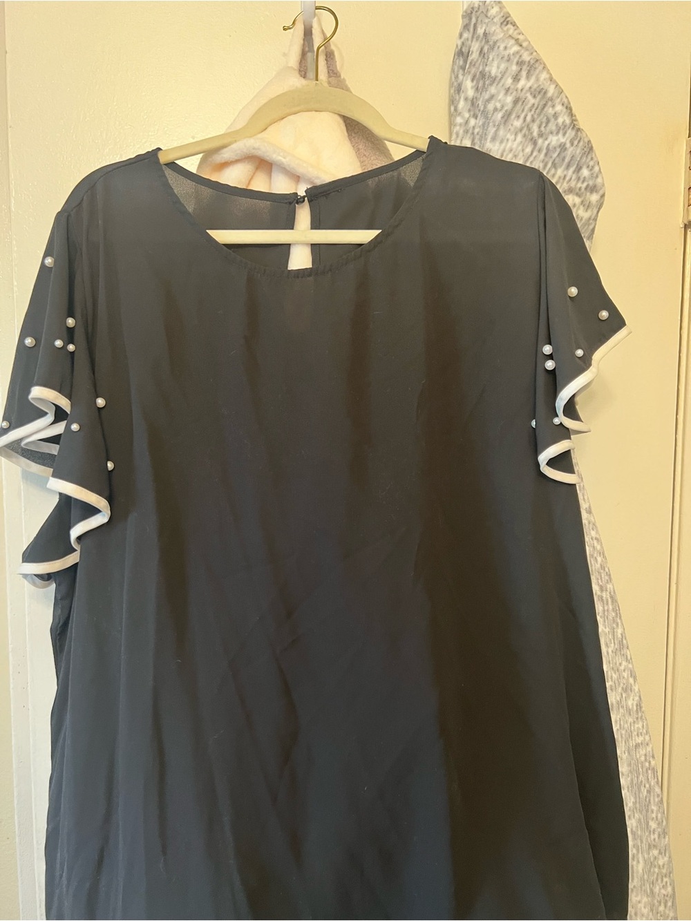 Black Flutter Sleeve Blouse with Pearl Trim